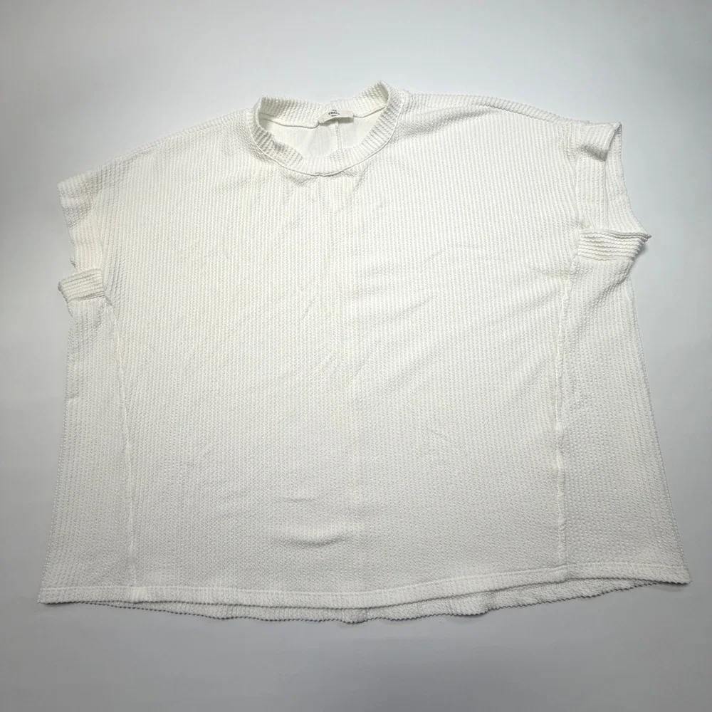 ENTRO Cream Waffle Knit Short Sleeve Sweater‎ Top No Size Tag Relaxed Fit